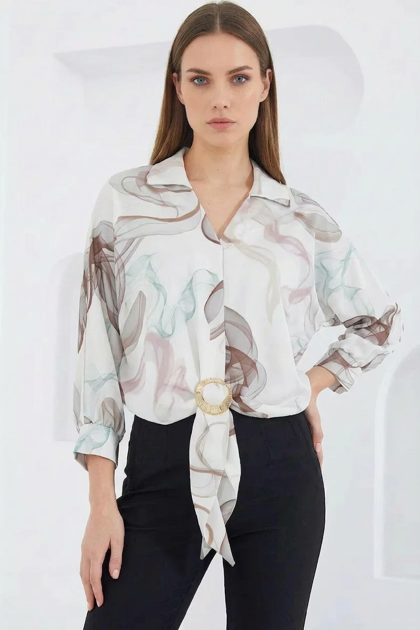 Kadın Crop Oversize Desenli Saten Kahverengi Gömlek