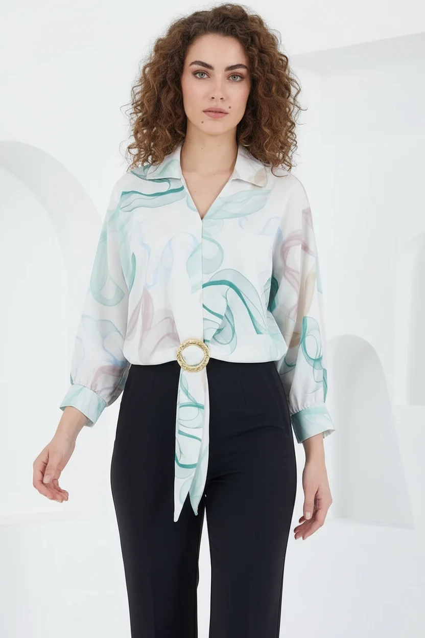 Kadın Kuşaklı Oversize Desenli Saten Mint Gömlek