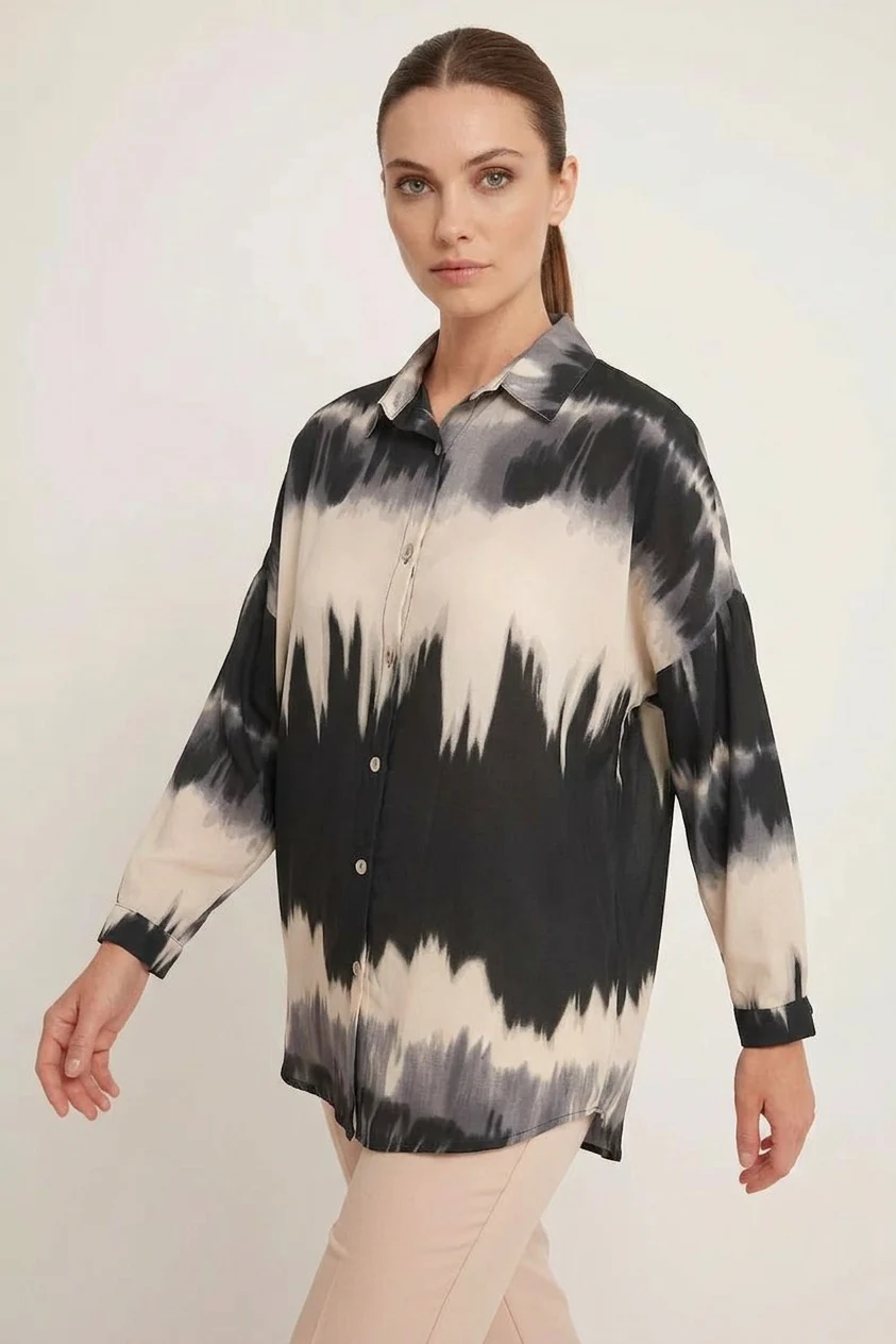 Kadın Oversize Desenli Siyah Gömlek
