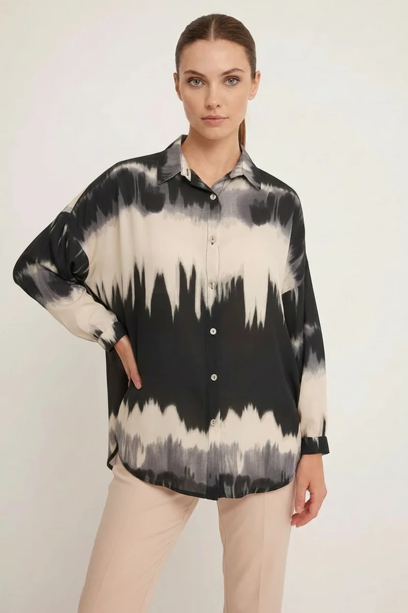 Kadın Oversize Desenli Turuncu Siyah Gömlek