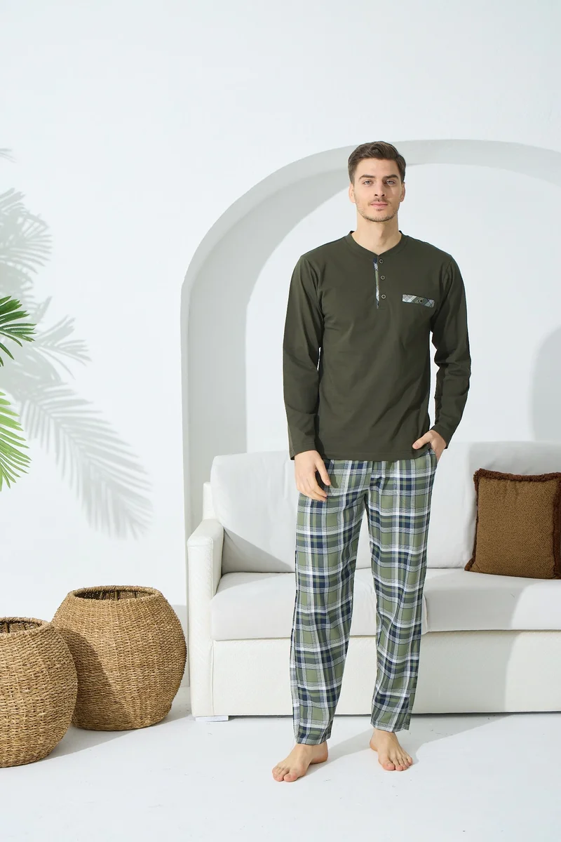 9218 Erkek  Midi Yaka Poplin Pantolonlu Uzun Kol Pijama Takım