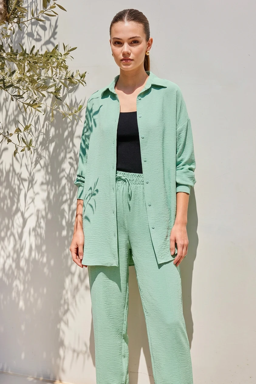 Kadın Gömlek Yaka Beli Büzgülü Oversize Mint İkili Takım