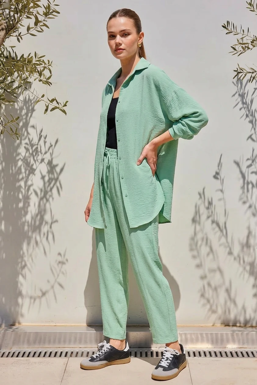 Kadın Gömlek Yaka Beli Büzgülü Oversize Mint İkili Takım