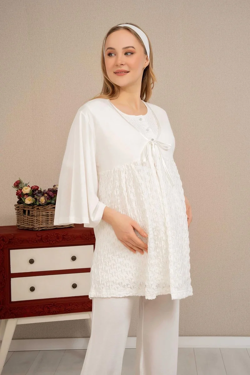 Ba-Ha 4504 Dantel Sabahlıklı Lohusa Pijama Takımı