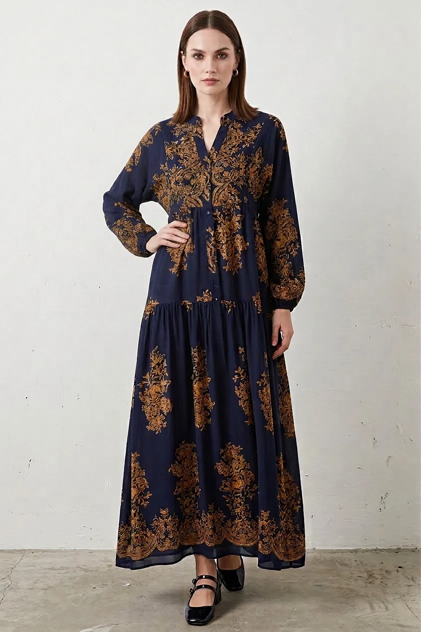 Kadın Gömlek Yaka Beli Büzgülü Otantik Desenli Viskon Lacivert Tesettür Elbise