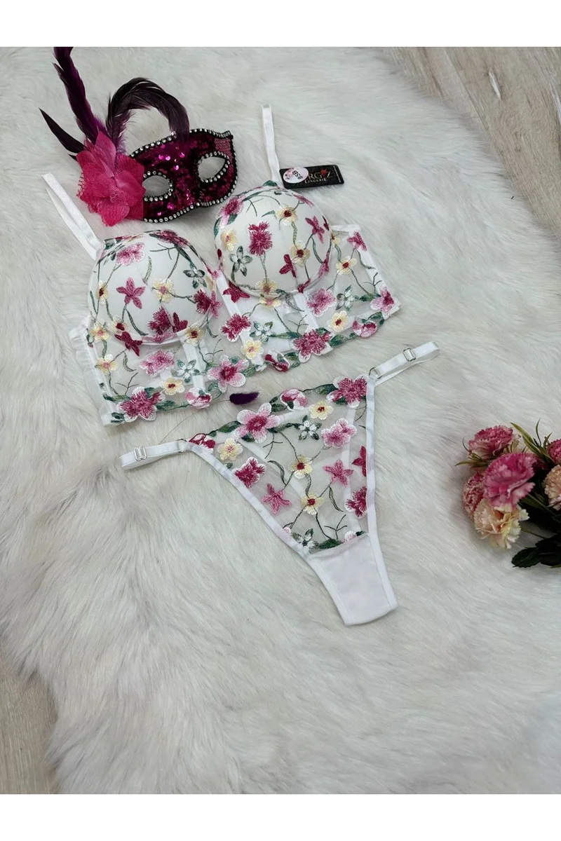 Kadın Seksi Ekru Çiçek Desenli Dolgulu Destekli Balenli Sütyen Külot Takımı Uzun Ayarlama