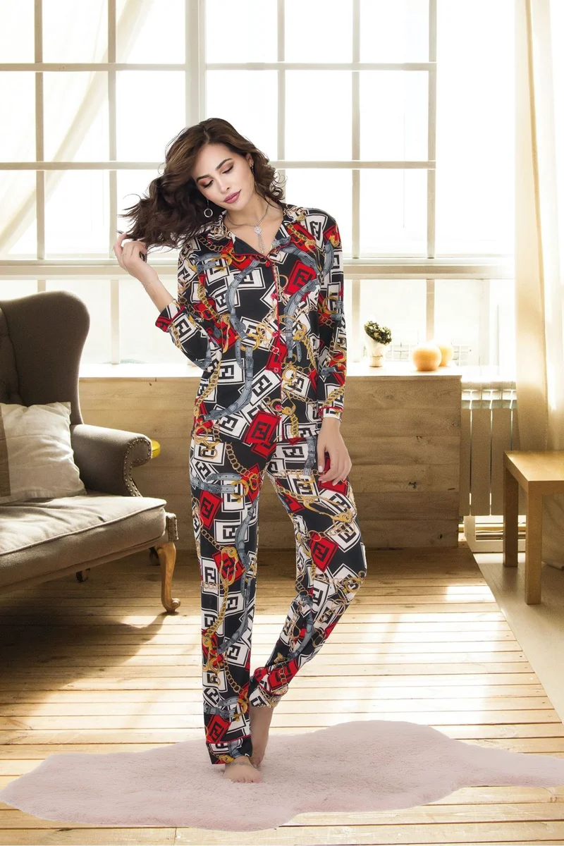 Kadın Seksi Karışık Desenli Düğmeli Alt Üst Gecelik Pijama Takımı Uzun Kollu Pijama Takım