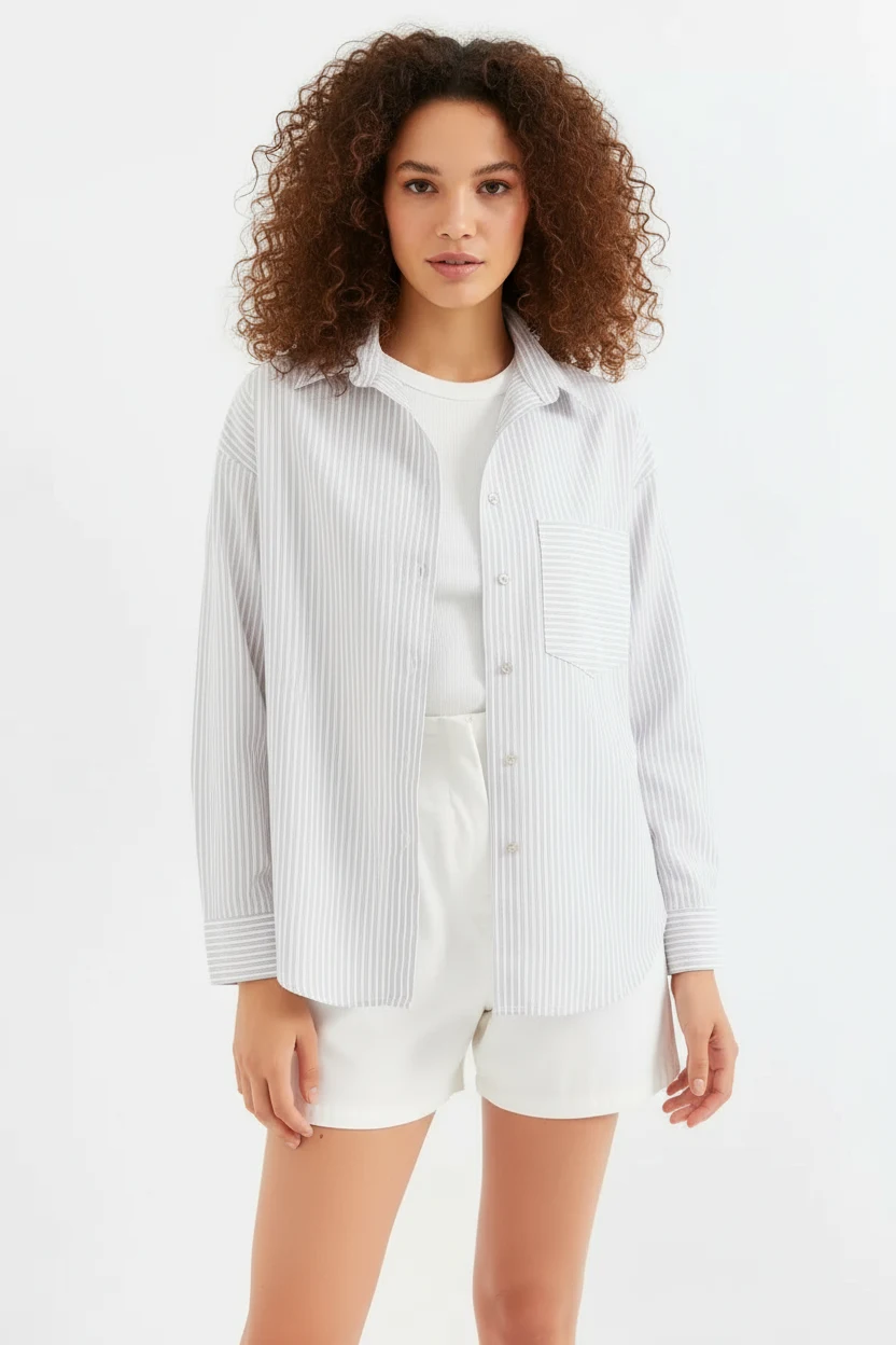 Kadın Oversize Tek Cepli Çizgili Pamuklu Bej Gömlek