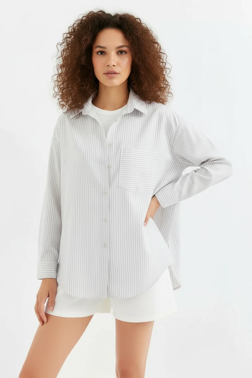 Kadın Oversize Tek Cepli Çizgili Pamuklu Bej Gömlek