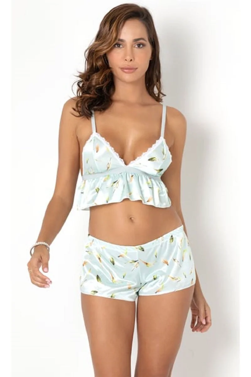 Kadın Su Yeşili Seksi Saten Askılı Crop Şort Takımı Pijama Gecelik Takım