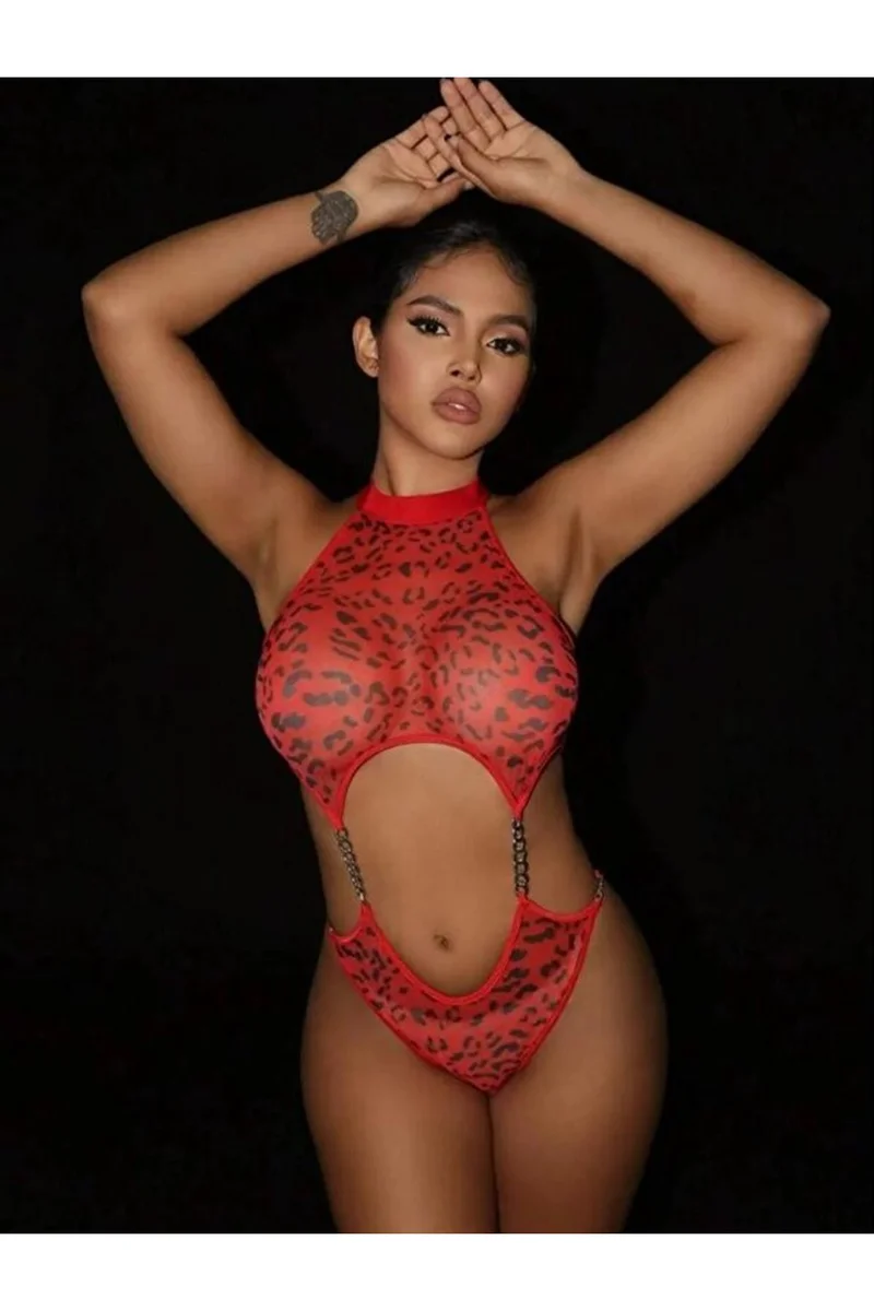 Kadın Seksi Kırmızı Leopar Desen Zincir Detaylı Babydoll