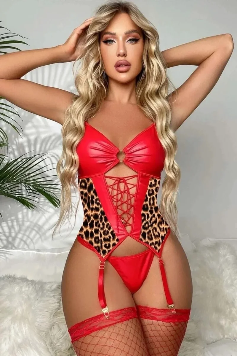 Kadın Kırmızı Leopar Desenli Lame Deri Jartiyerli Çoraplı Seksi Fantazi Jartiyer Takım