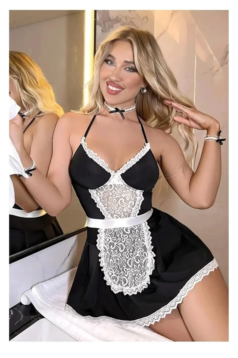 Seksi Fantazi Siyah Hizmetçi Kostümü Fantezi Kostüm Gece Kostümü