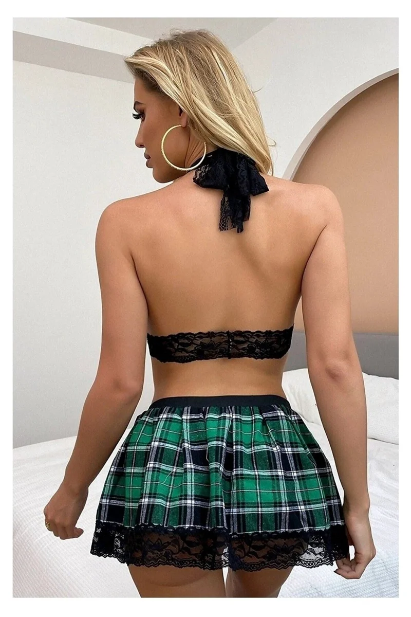 Kadın Seksi Ekose Mini Etekli Kravatlı Fantezi Liseli Kostümü Erotik Kostüm