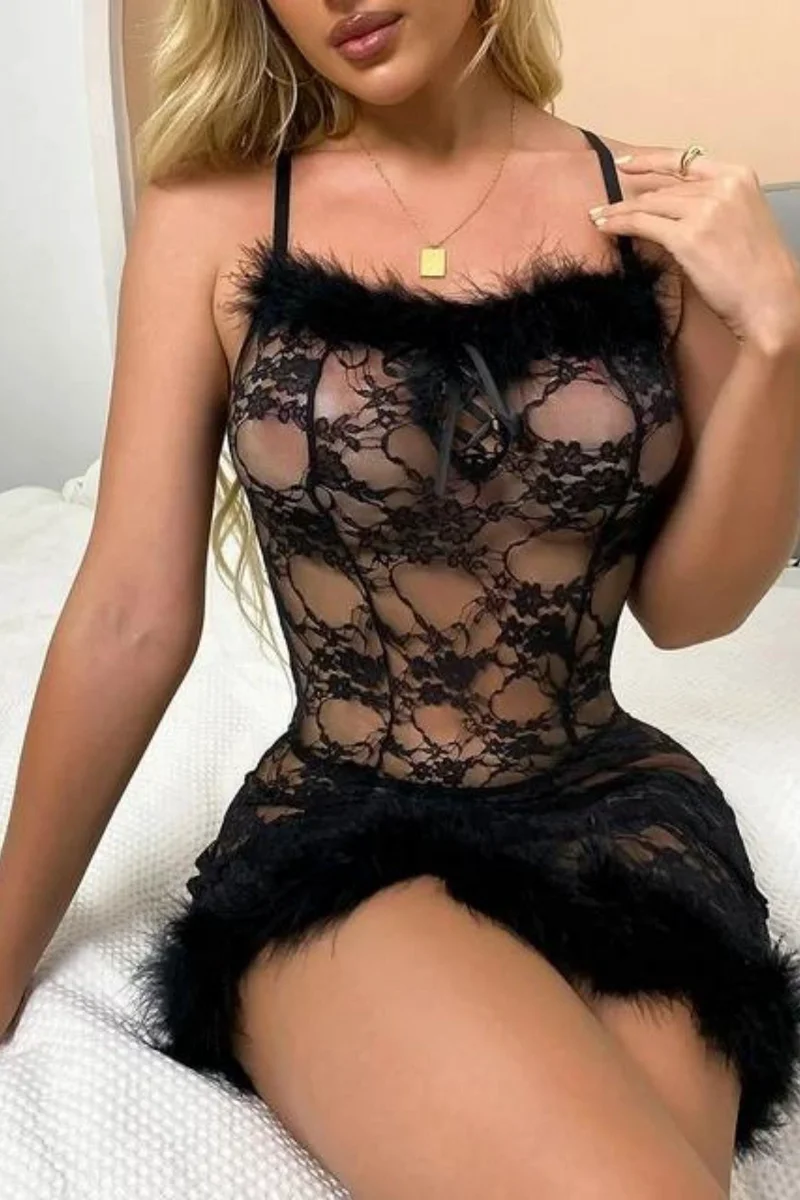 Siyah Peluş Detaylı Askılı Tül Gecelik 66606