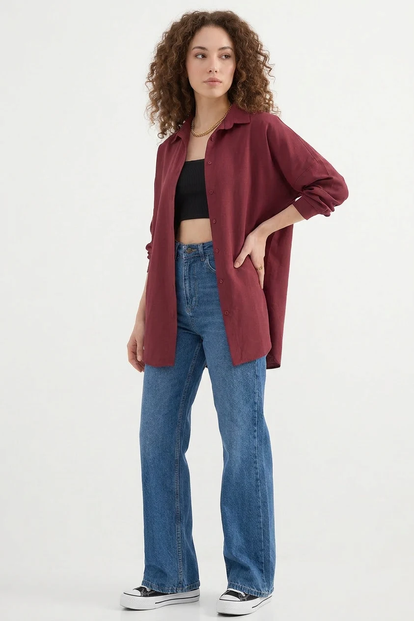 Kadın Oversize Basic Pamuklu Mürdüm Gömlek