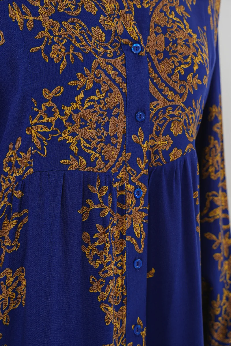 Kadın Gömlek Yaka Beli Büzgülü Uzun Kol Otantik Desenli Viskon Mor Tesettür Elbise