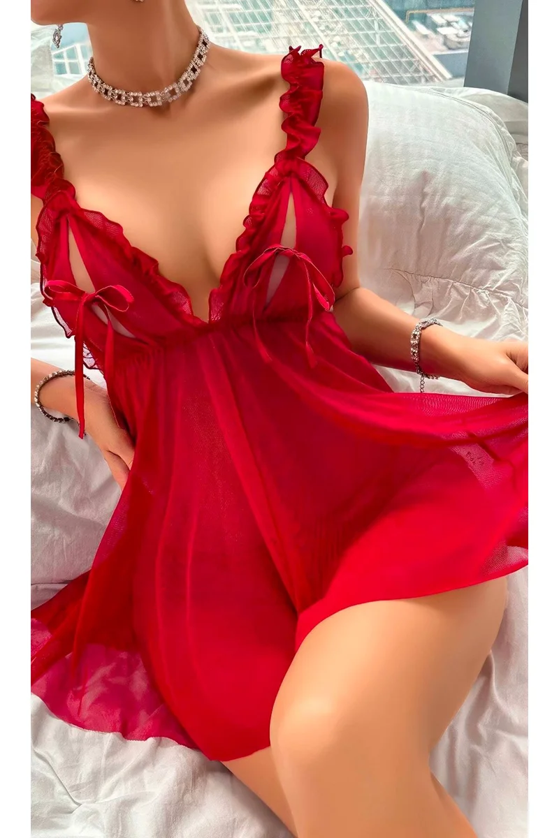 Kadın Seksi  Dantel Detaylı Transparan Tül Gecelik Ve Tanga Takımı Fantezi Gecelik Takım