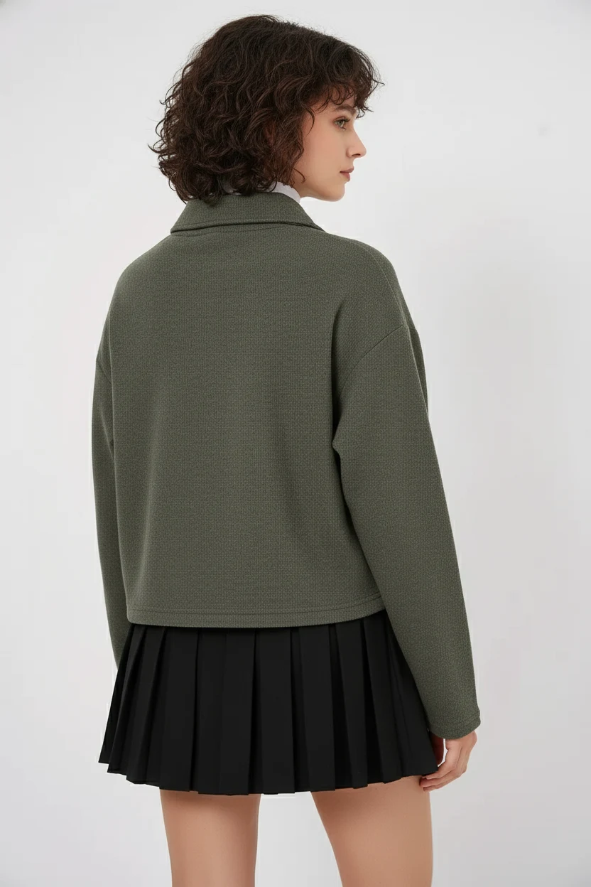 Kadın Klasik Yaka Düğmeli Pamuklu Haki Sweatshirt