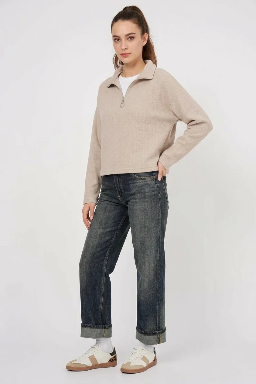 Kadın Fermuarlı Yaka Pamuklu Krem Sweatshirt