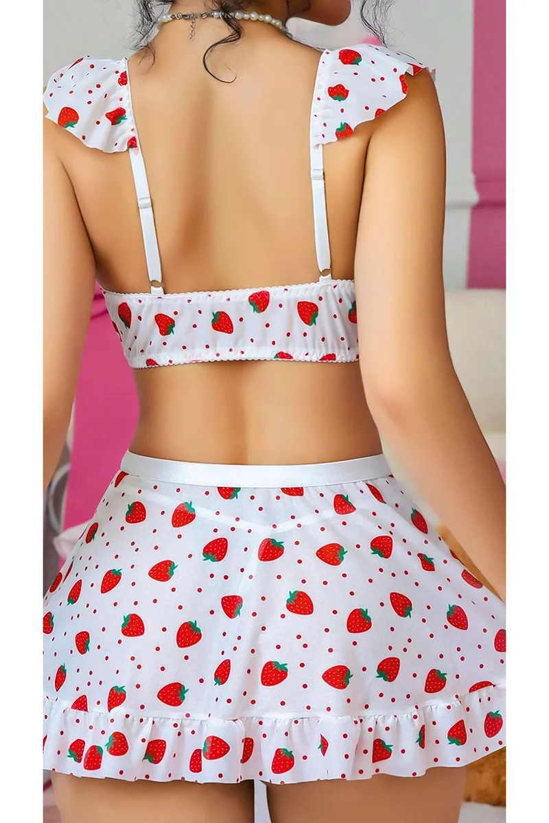 Fantezi Kadın Seksi Kırmızı Beyaz Kırmızı Çilek Baskılı Desen Fantazi Hizmetçi Kostümü
