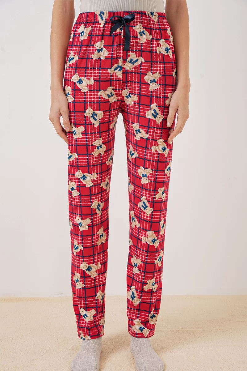 Kadın Beli Bağcıklı Çizgili Ayı Desenli Kırmızı Pijama Altı