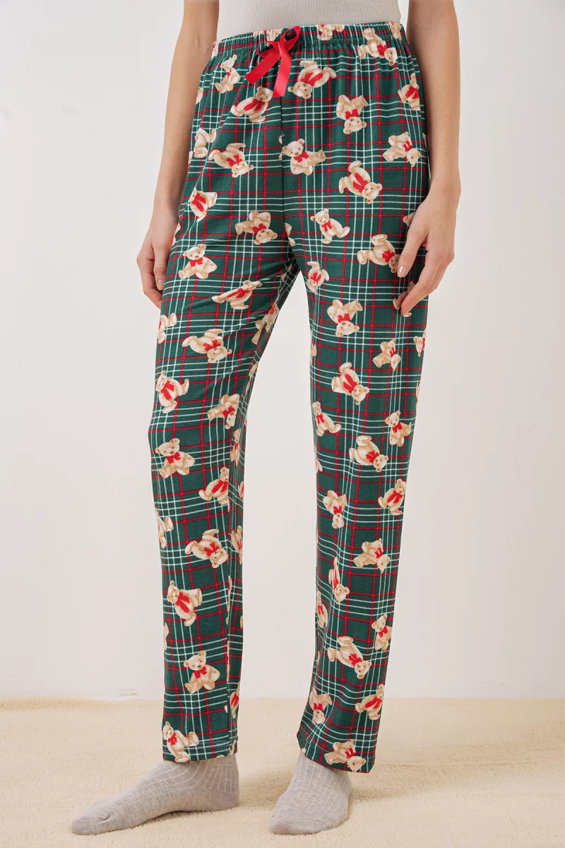 Kadın Beli Büzgülü Kareli Desenli Zümrüt Yeşili Pijama Altı