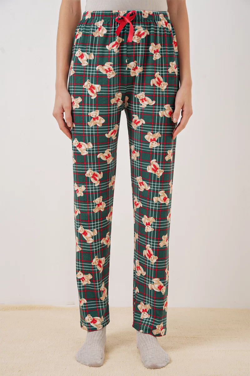 Kadın Beli Büzgülü Kareli Desenli Zümrüt Yeşili Pijama Altı