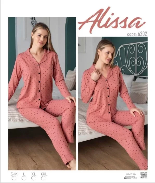 Alissa 6202  Bayan Önü Düğmeli Kalp Desenli Uzun Kol  Pijama Takımı