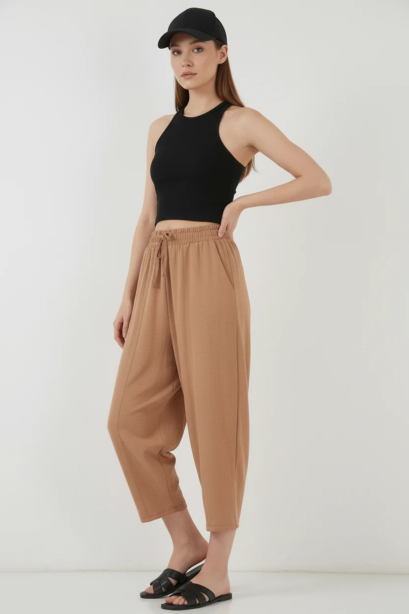 Kadın Yüksek Bel Keten Camel Pantolon