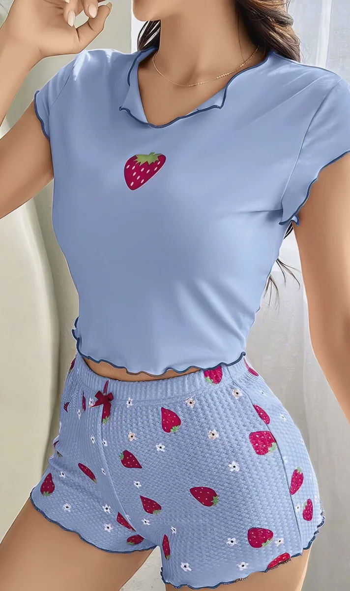 Kadın Çilek Desenli Bebe Mavi Seksi Gecelik Takım