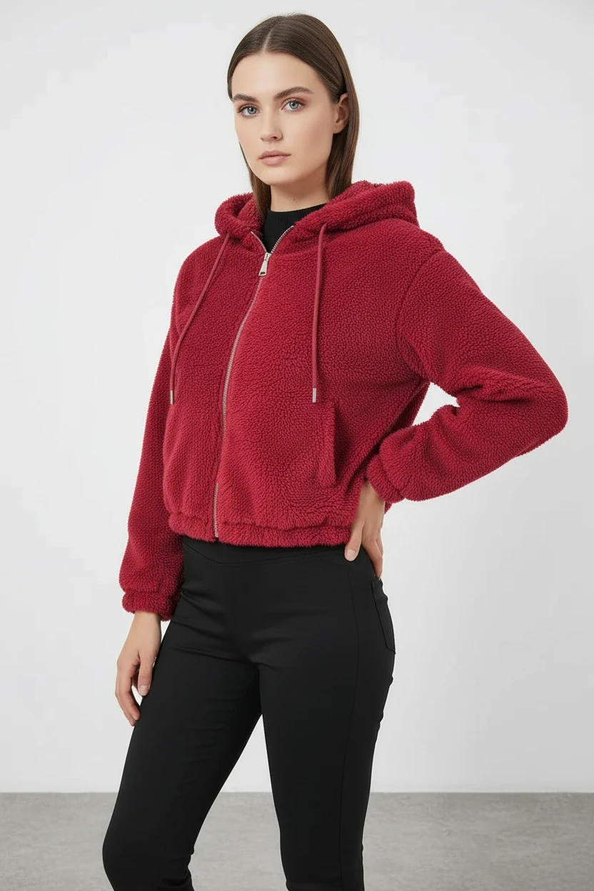 Kadın Kapüşonlu Crop Peluş Bordo Ceket