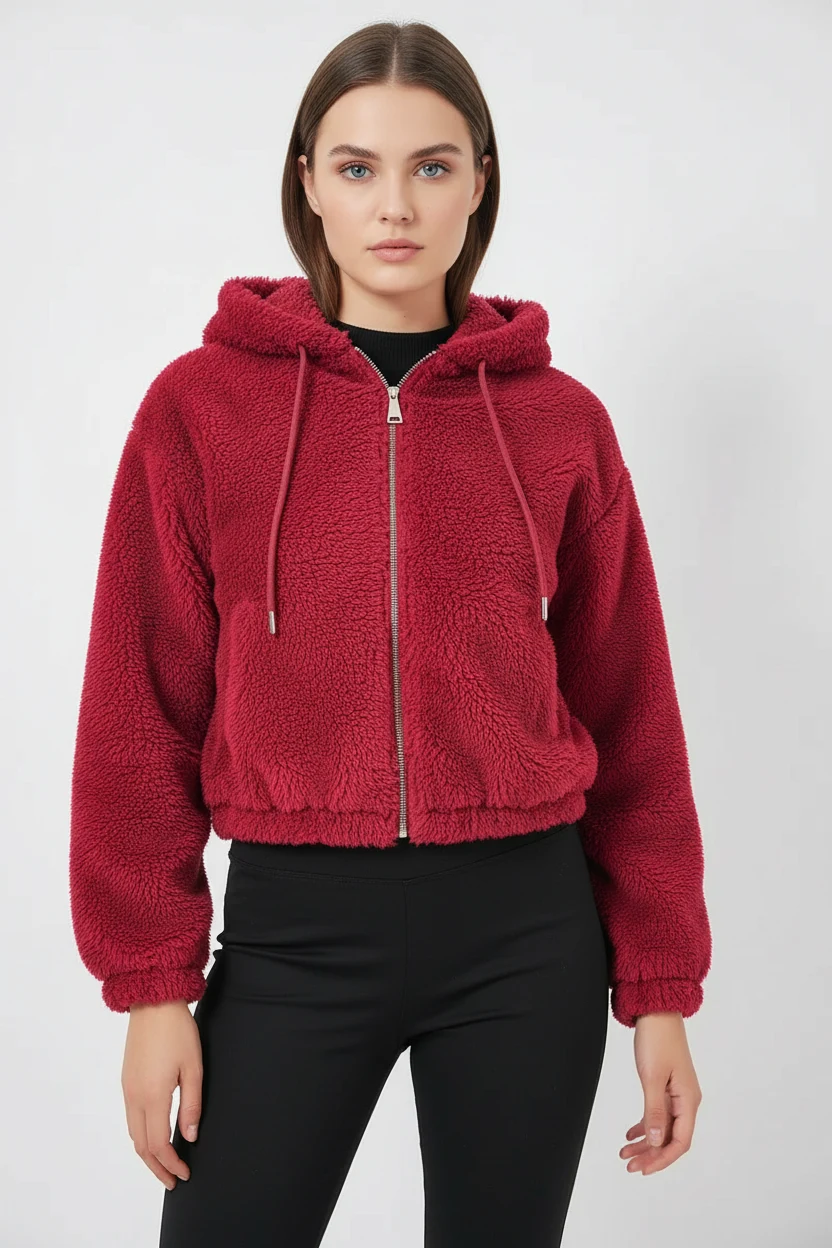 Kadın Kapüşonlu Crop Peluş Bordo Ceket