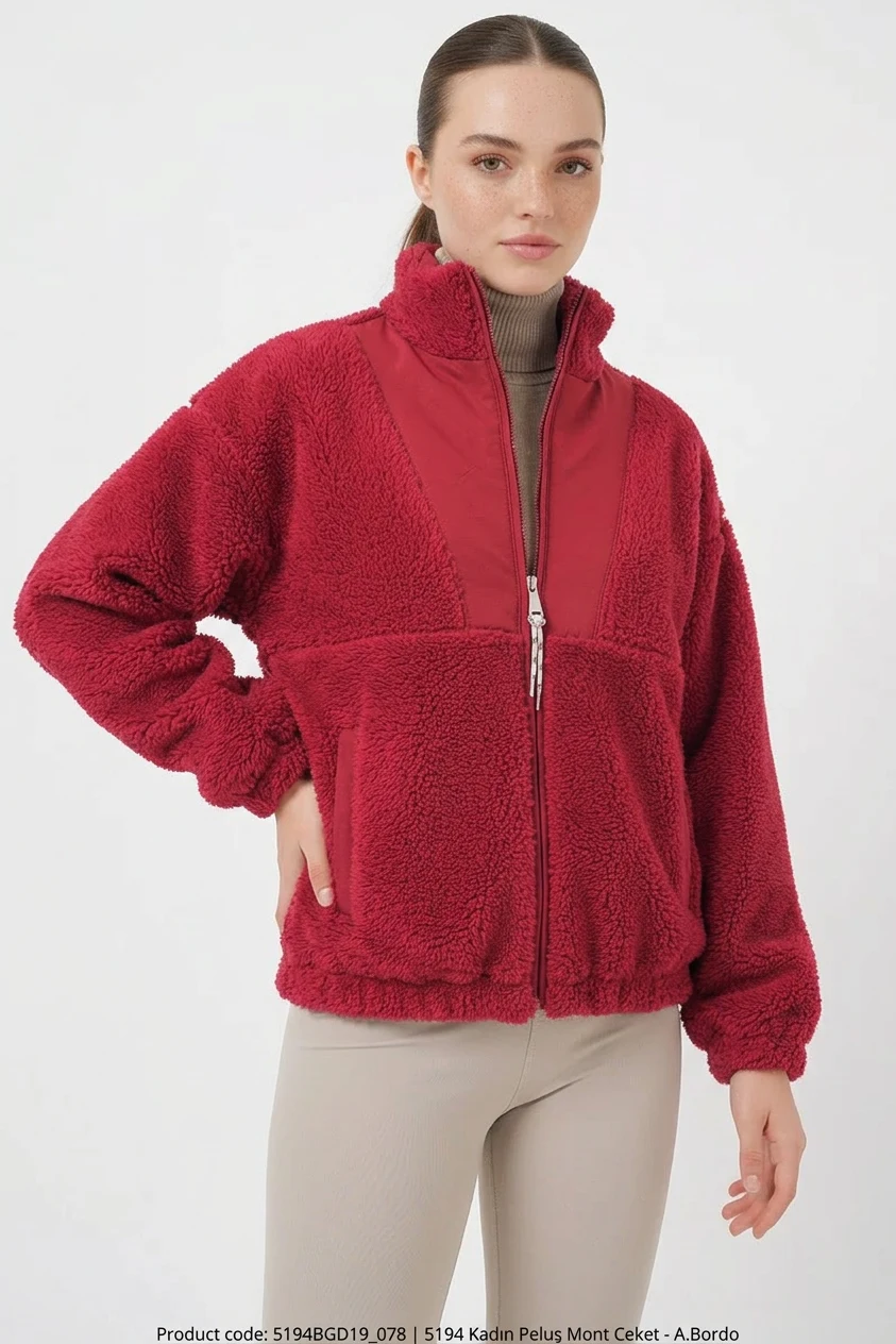 Kadın Fermuarli Peluş Bordo Ceket