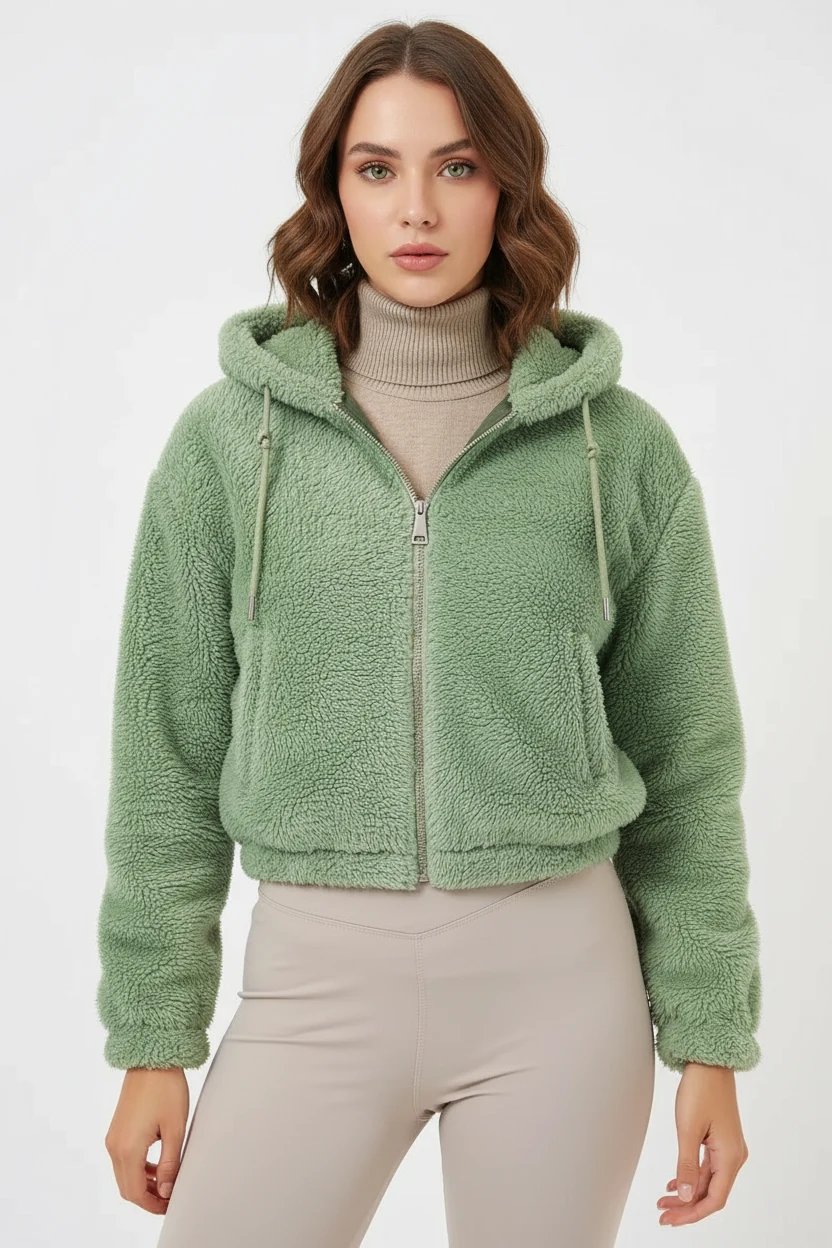 Kadın Kapüşonlu Crop Peluş Çağla Yeşili Ceket