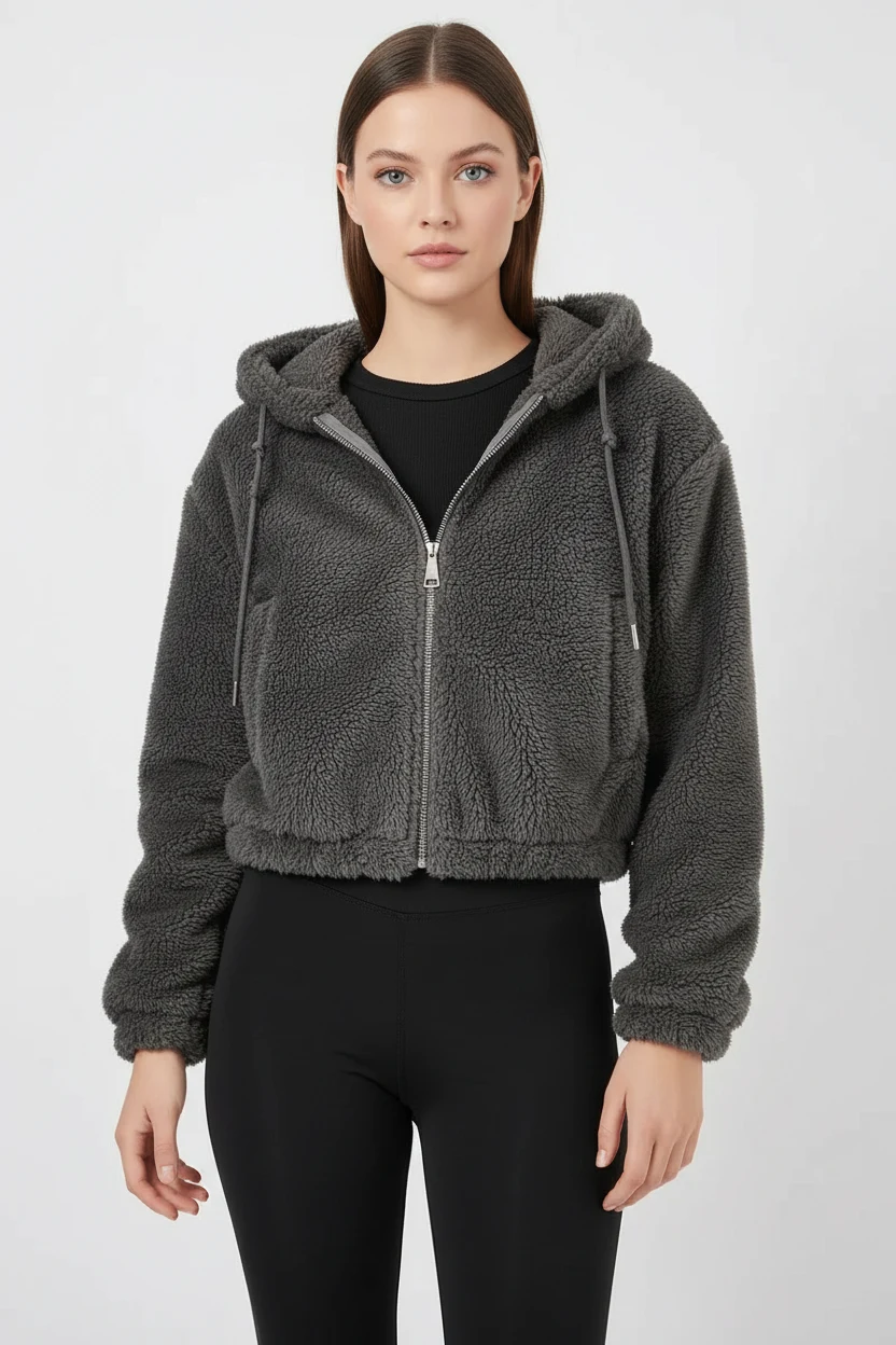Kadın Kapüşonlu Crop Peluş Antrasit Ceket