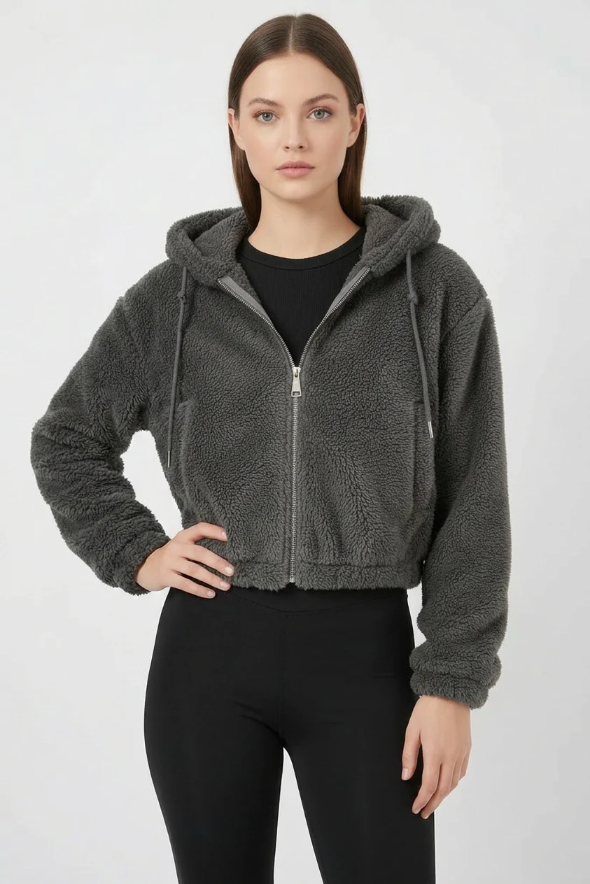 Kadın Kapüşonlu Crop Peluş Antrasit Ceket