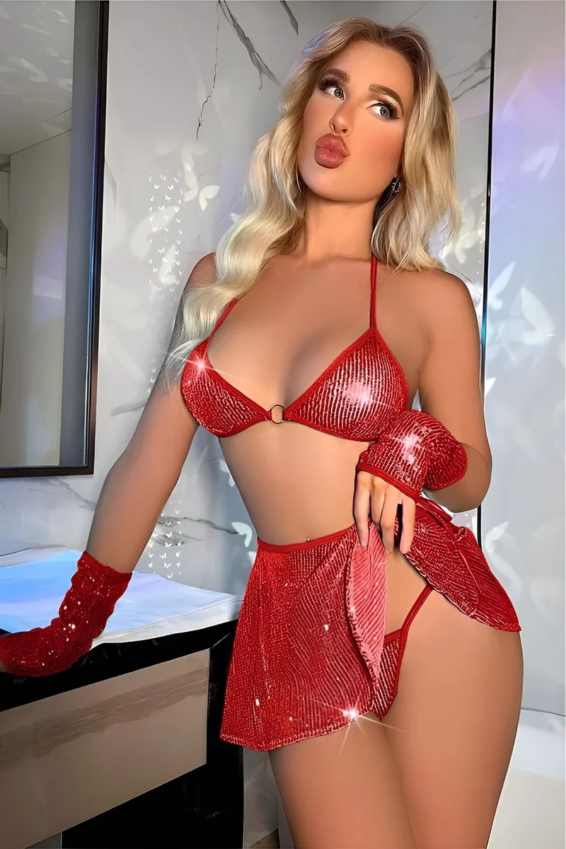 Kadın Kırmızı Seksi Pullu Fantezi Kostüm Clup Elbise