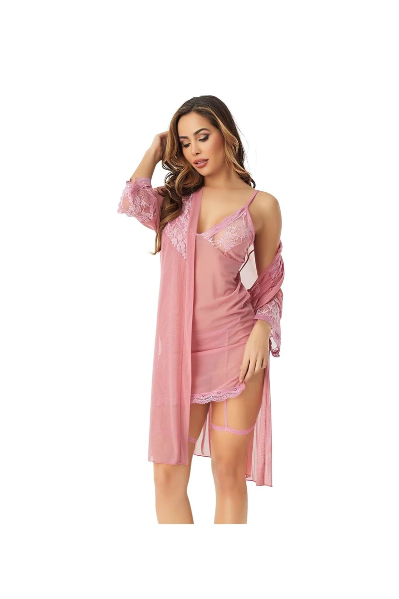 Kadın Seksi Toz Pembe Desen Sabahlık  Gecelik