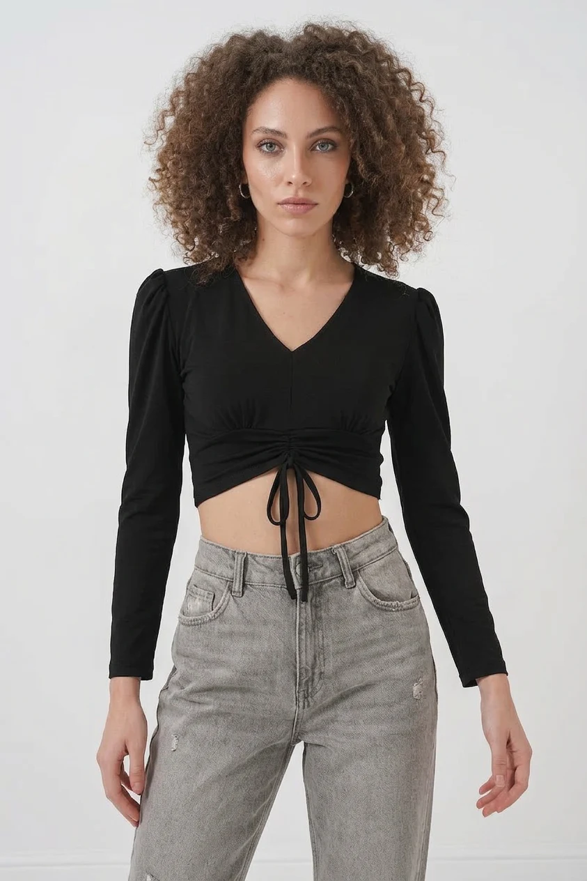 Kadın V Yaka Crop Büzgülü Uzun Kol Siyah Bluz