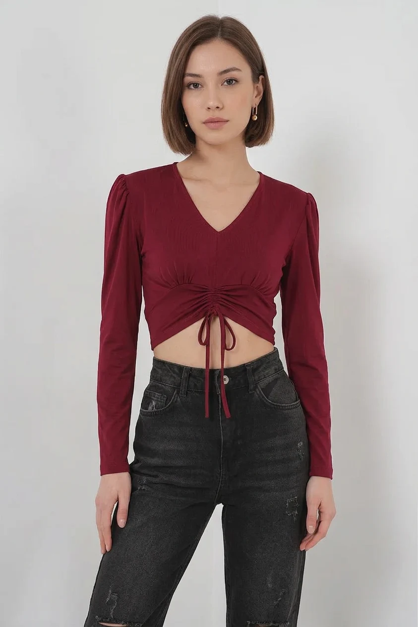 Kadın V Yaka Beli Büzgülü Kısa Boy Bordo Bluz
