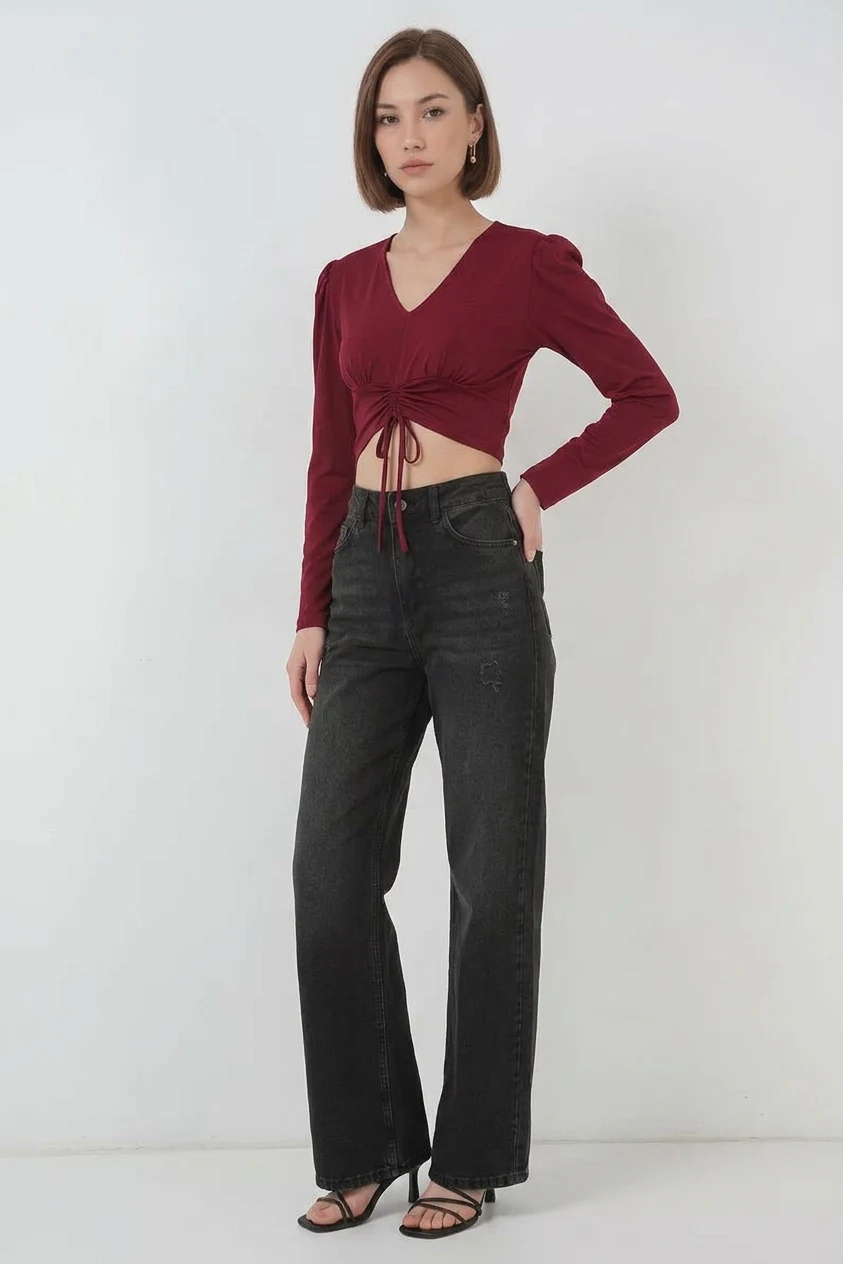 Kadın V Yaka Beli Büzgülü Kısa Boy Bordo Bluz