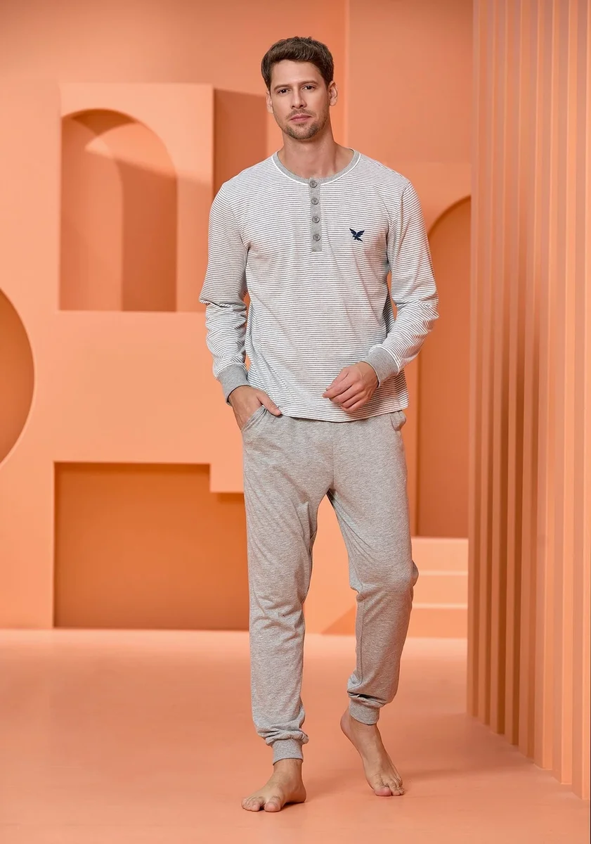 Aqua 25425 Çizgi Desen Uzun Kol Erkek  Pijama Takım
