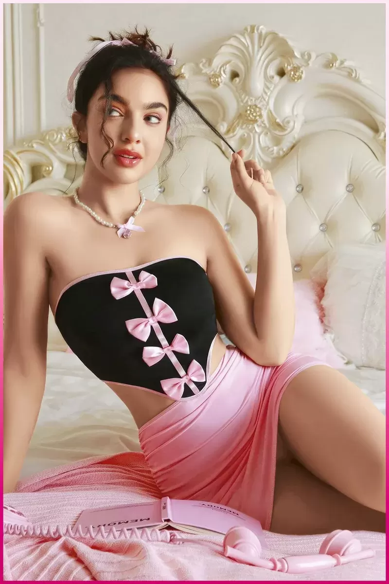 Kadın Pembe Ekose Etekli Seksi Kostüm