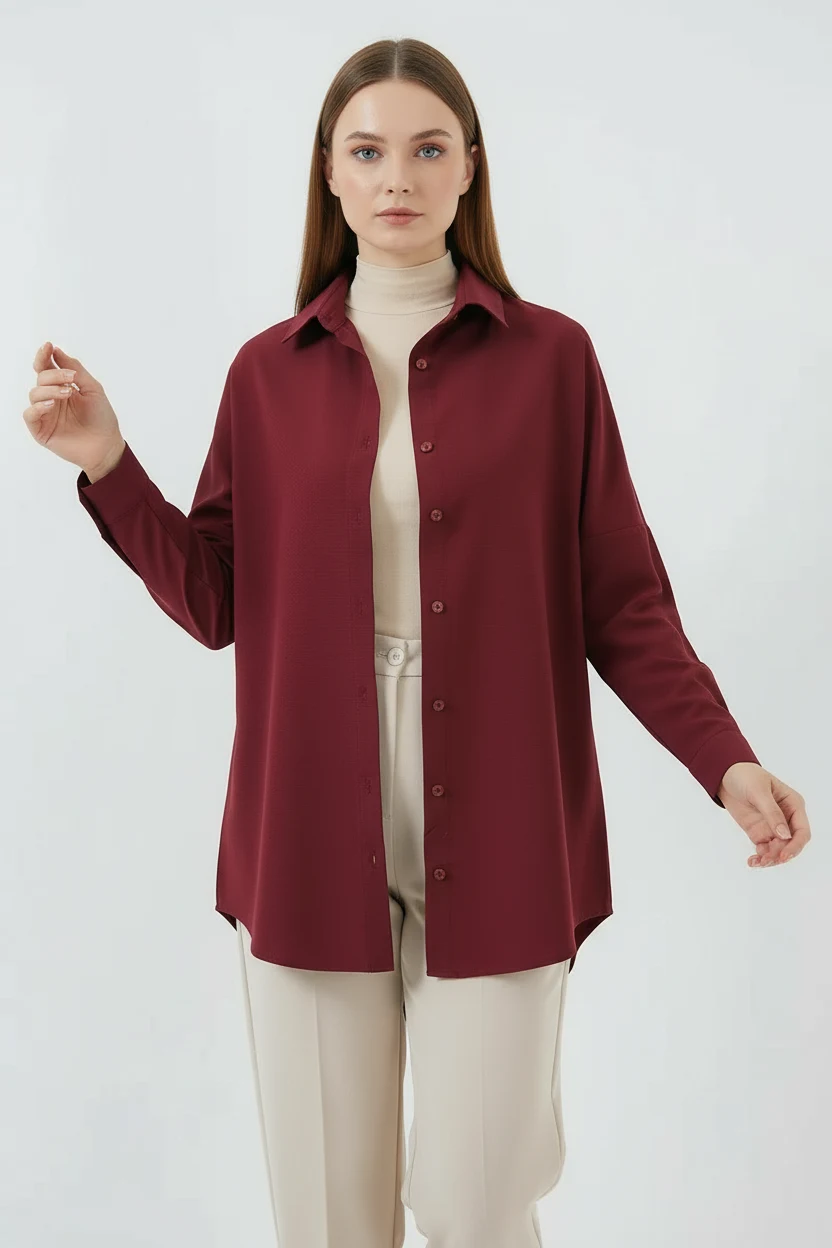 Kadın Basic Oversize Pamuklu Mürdüm Tesettür Gömlek