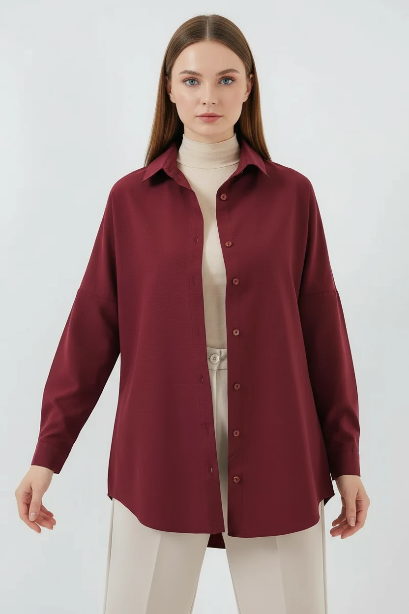 Kadın Basic Oversize Pamuklu Mürdüm Tesettür Gömlek