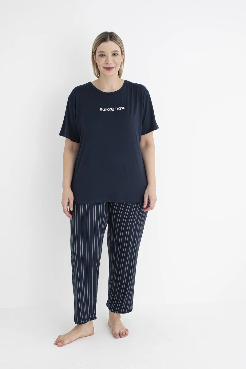 Estiva 25151 Kadın Battal Beden Çizgilii Kısa Kol Pijama Takımı
