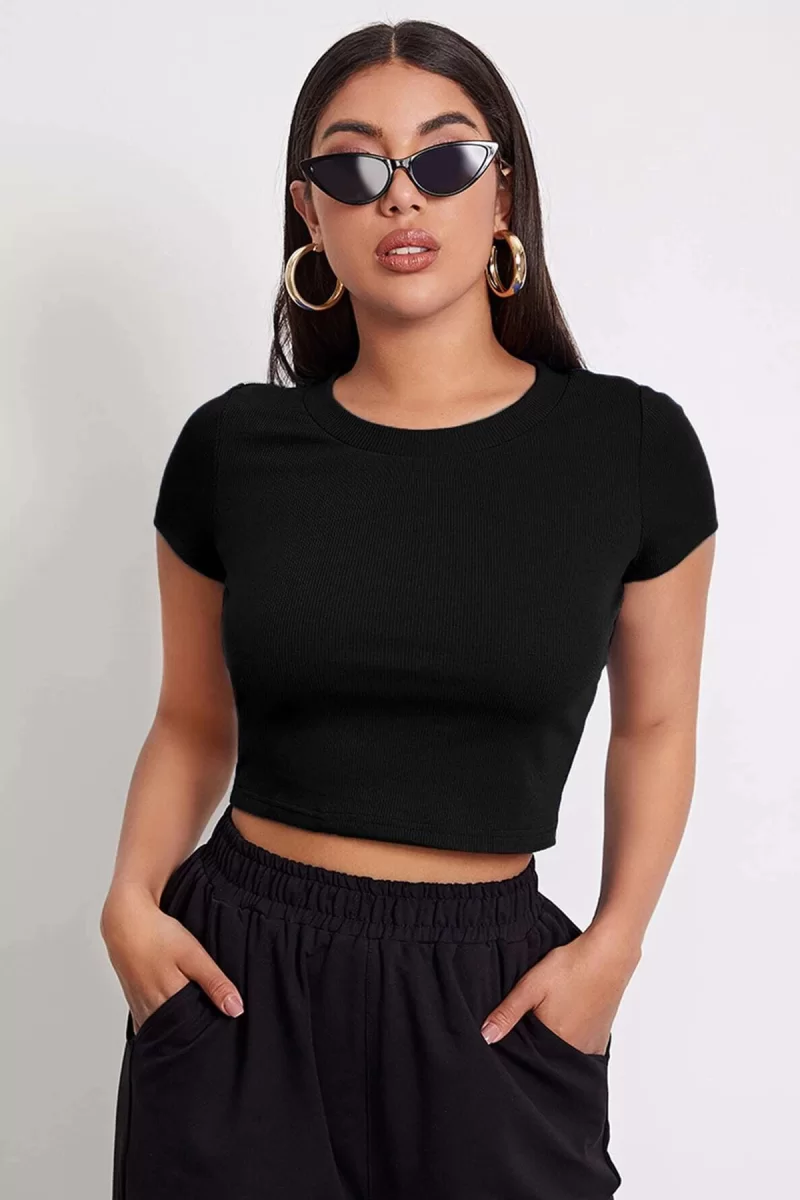 Kadın Siyah Yuvarlak Yaka Yarım Kol Crop Top Bluz