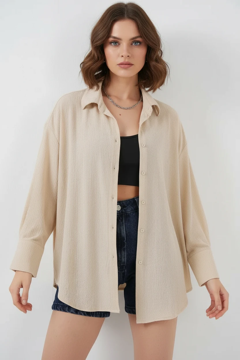 Kadın Oversize Kesim Bej Gömlek