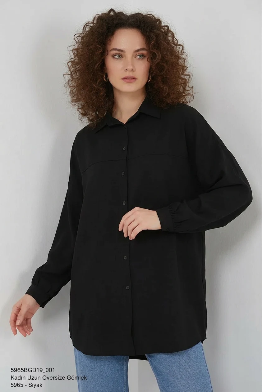 Kadın Oversize Kesim Viskon Siyah Gömlek